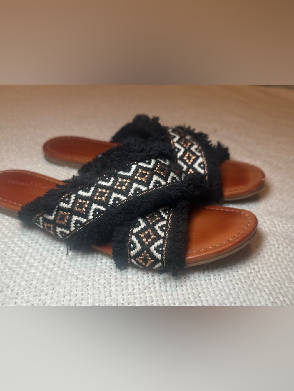 Aztec Fringe Slide Sandals, Size 8